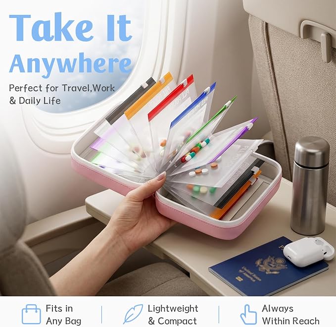 A8 Weekly Waterproof Pill Pouch Set, Reusable Weekly Pill Organizer with 14 Coded AM PM Pouches, Compact Portable Vitamin Supplement Storage Case for Travel Purse Daily Use