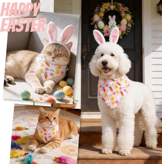 Dog Bandana for Easter Day - Lovely Bunny Carrot Chicken & Daisy Flower Theme, Holiday Pet Costumes Scarf with Adjustable Snap Button, Small to Medium Breeds (5-30lbs)