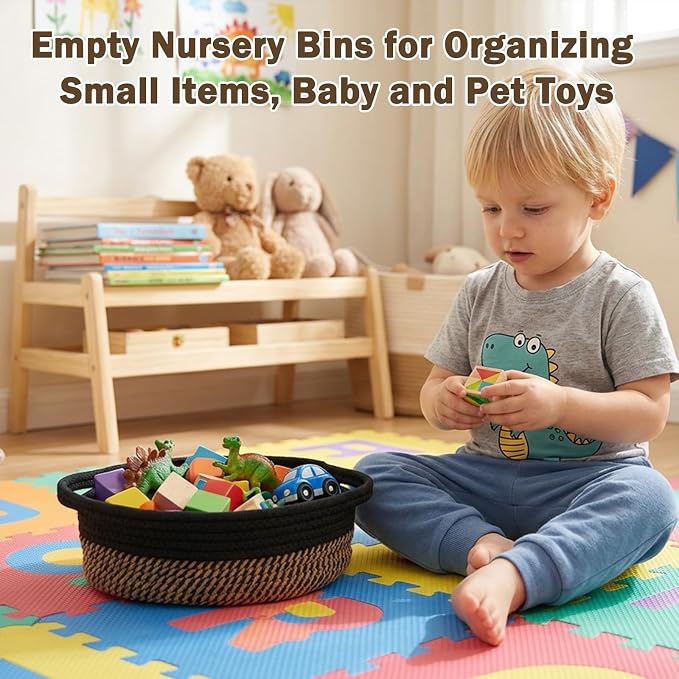 Basket for Gifts Empty, Small Woven Basket with Bags and Ribbons, Baby Toy Baskets with Handles, Wicker Storage Bin for Baby Showers or Pet Toy (Black & Brown, 1 Pack (12"x 8"x 3.74"))