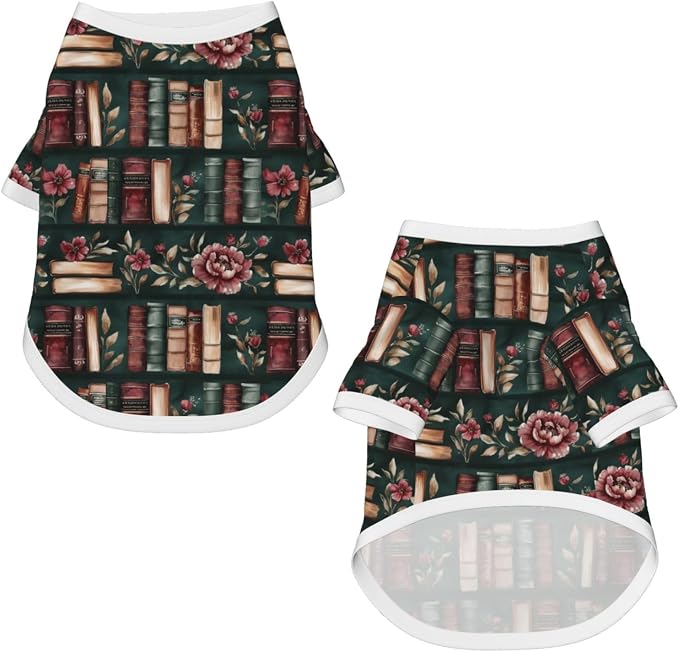Vintage Floral Bookshelf Dog T Shirt Dogs Cats Cotton Shirts Short Sleeve Clothes Soft Stretchy Pet Costume Doggy Outfit Pullover Jumper Puppy Sweatshirt Large