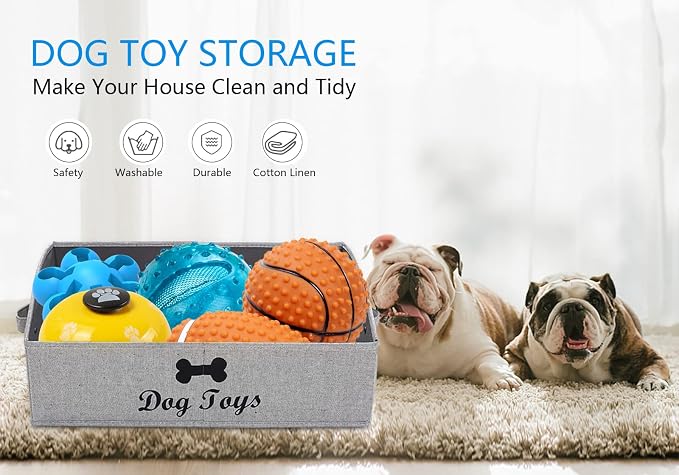 Morezi Linen-cotton blend dog toy basket and dog toy box, dog toy basket storage - Perfect for organizing pet toys, blankets, leashes, chew toys - Grey Stripe - Dog