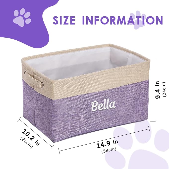 Ulico Personalized Dog Toy Storage Basket, Collapsible Pet Storage Organizer Box with Handles, Custom Dog Toy Bin with Pet's Name Cat Toy Storage Gift for Dog Lovers（Purple）