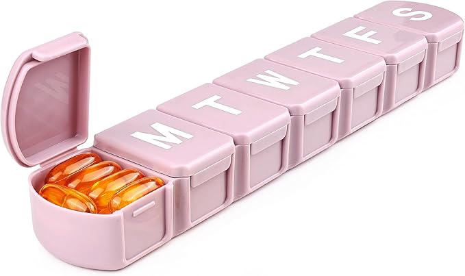 MOLN HYMY Extra Large Weekly Pill Organizer 7 Day, XL 1 Week Pill Dispenser Case, Daily Medicine Organizer to Hold Vitamin Filsh Oil and Supplements (Pink)