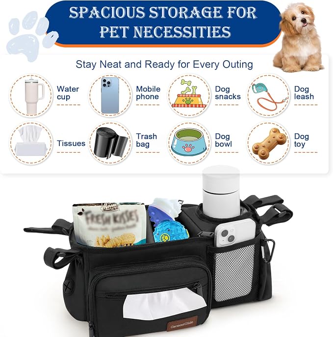 Dog Stroller Organizer Bag, Pet Stroller Caddy with Insulated Cup Holder | Fits 14–19" Handles, Treat Pocket, Poop Bag Dispenser & Multiple Pockets for Dog Stroller Accessories, Dog Mom Gift Ideas
