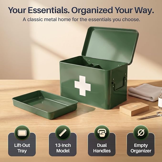 Flexzion Large Metal First Aid Box Empty, 13-Inch, Green with White Cross | Vintage Medicine Box and First Aid Storage Organizer with Removable Tray and Dividers; Empty Box Only, Supplies Not Included