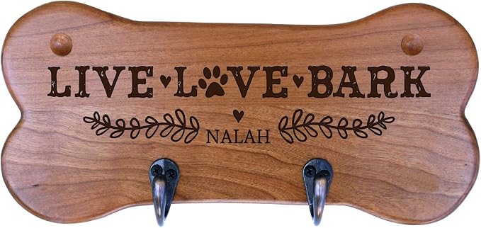 Rooms Organized Personalized Wall Mounted Small Cherry Dog Bone Pet Leash Rack,Dog Collar Holder New Home Decor Gift Ideas and 2 Hooks 11" L x 5.25" H 2.5" deep (Live Love Bark)