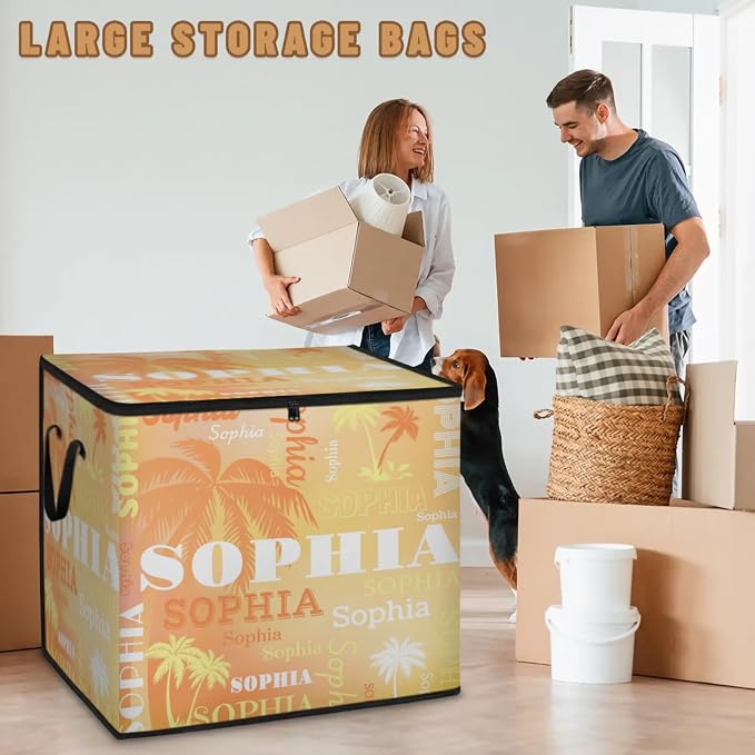 Custom Storage Baskets Cubes for Home with Name, Large Foldable Organizer Collapsible Storage Bins for Blanket Comforters Clothes Closet Nursery, Orange Yellow Tropical Palm Trees Painted Background