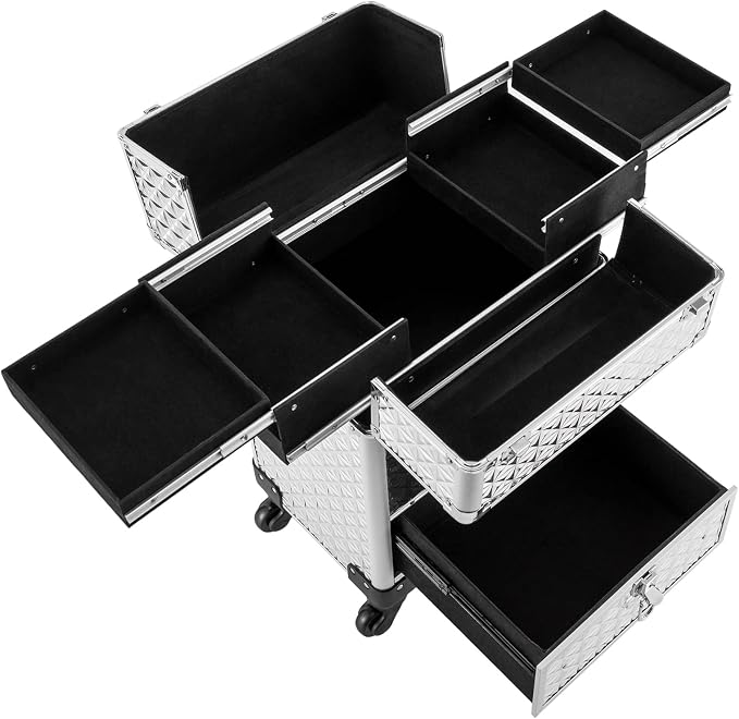 Makeup Rolling Case, Professional Rolling Nail Case Wheeled Manicure Storage Case Polish Organizer w/ Universal Wheels, Portable Adjustable Studio Travel Cart for Nail Technicians Hairstylist (Sliver)