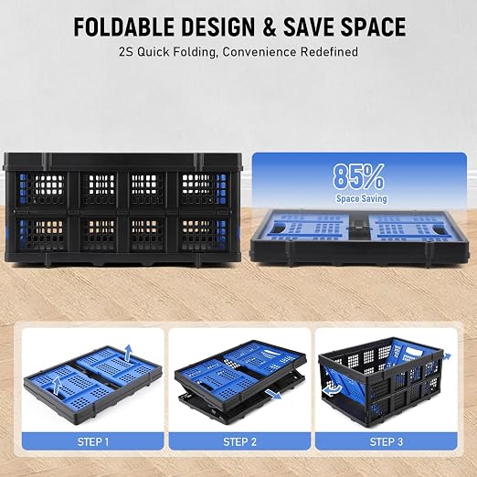 Garvee Collapsible Crate, 55L Foldable Plastic Milk Storage Crate, Blue | Heavy Duty Stackable Plastic Crates Folding Storage Baskets for Groceries, Moving, Camping & Car Storage