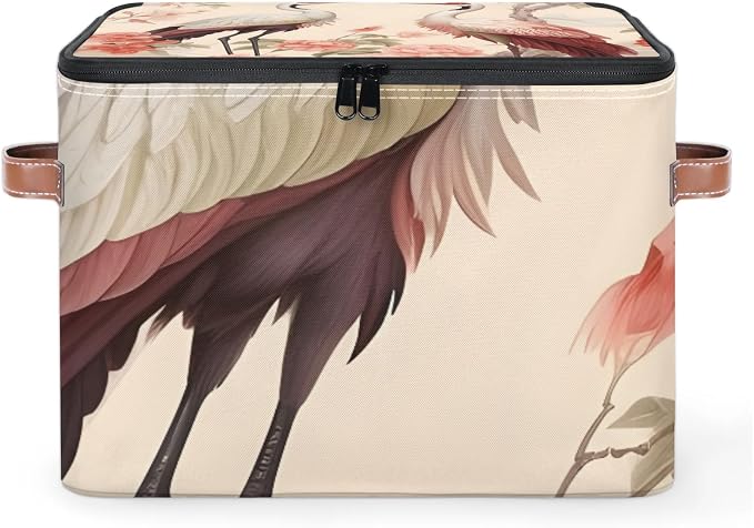 Japanese Crane Floral Foldable Storage Bin with Lid Zipper | Closet Shelf Organizer, Boxes, Basket Containers for Home, Lidded Storage Cube for Bedroom, Waterproof, with Handles