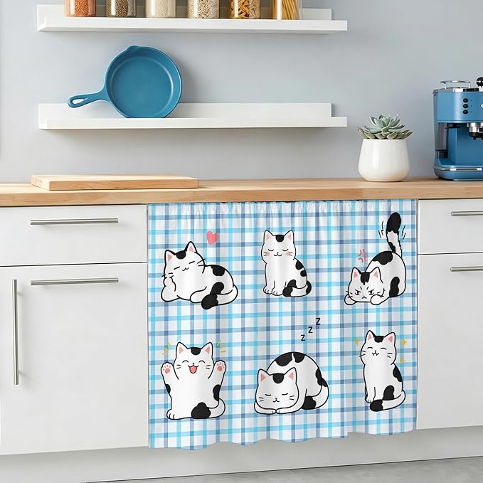Cute Cat Oven Skirt Curtain for Kitchen Decor 28"x35", Modern Playful Pet Cats Blue Purple Plaid Self Adhesive Stove Curtains Skirt Cabinet Curtains for Bathroom Laundry Room