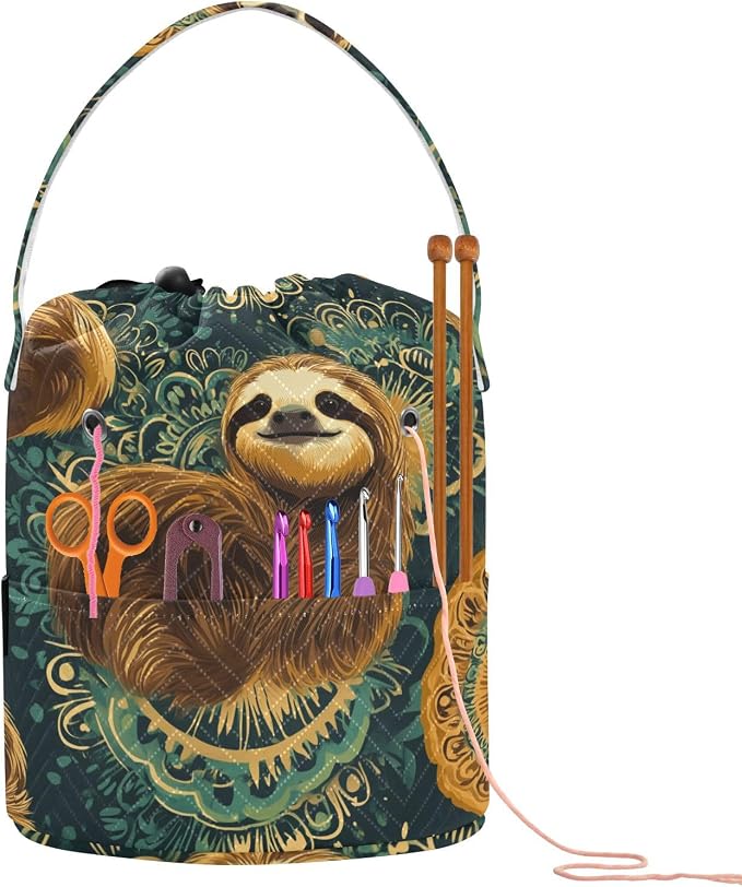 Fustylead Retro Cute Sloths on Green Mandala Background Knitting Yarn Storage Tote Basket, Durable Polyester Large Crochet Drawstring Bag for Crocheting Project, Sewing Supplies, Needles