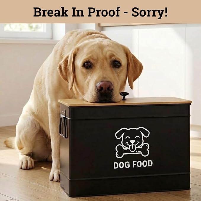 Metal Dog Food Container 15-20 lbs w/ Airtight Bamboo Lid, 70 Cup Capacity | Pet Jar For Dogs up to 100lbs, Airtight Bamboo Lid, Sturdy Comfortable Metal Handle, Powder Coated Iron, Kibble Storage Bin