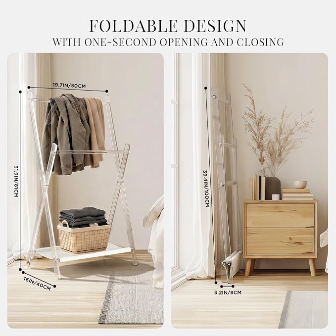 Acrylic Clothes Rack, Foldable Kids Clothing Rack,with Shelves Portable Coat Rack, Suitable for Entrance Hall, Bedroom, Living room, and Bathroom for Hanging Clothes of Babies and Pets.