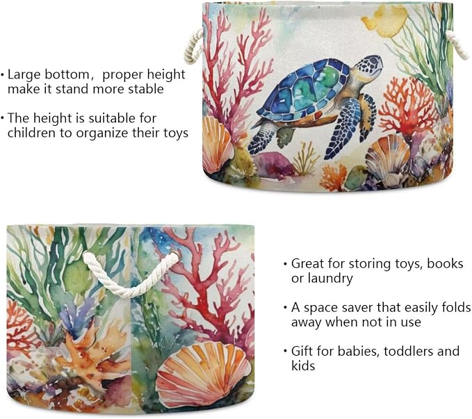 Sea Turtle Print Collapsible Round Storage Basket with Handles | Ocean Coral Seashells Large Laundry Baskets Hamper, Clothes Organizer Bin for Bedroom Living Room Decor, 20x 20x 14 Inches