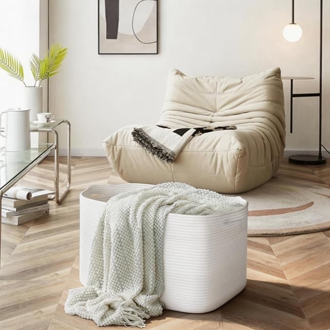 Extra Large White Storage Basket, 23.6" x 17" x 12" Rectangle Blanket Storage for Living Room, White Woven Cotton Rope Basket, Big Kids Toy Box Bin, XXXL Wicker Laundry Baskets for Organizing