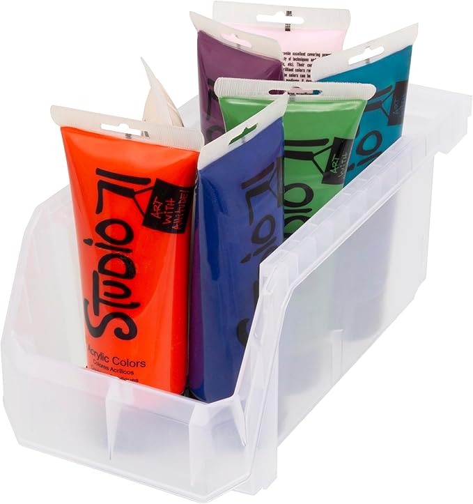Medium Stackable Plastic Storage Bins, 8-Pack, Clear | Open-Front Stackable Bins For Garage, Pantry, Closet & Office, 11"L X 5,5"W X 5"H, Nests When Empty, Durable Plastic,