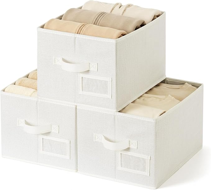 GRANNY SAYS Closet Storage Bins with Label, Pearl White, Medium, 3-Pack | Closet Organizer Bins with Label Holder, Fabric Storage Baskets, Foldable Storage Bins, Decorative Storage