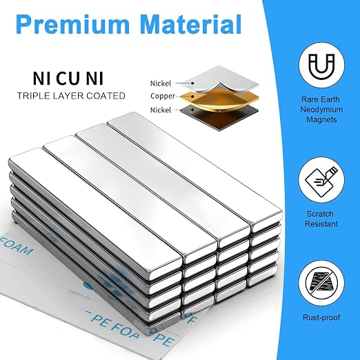 Rare Earth Neodymium Magnets with Double Sided Adhesive, 60x10x3 mm, 20pcs | Heavy Duty Strong Magnets, Rectangular Bar Magnets Strip for Fridge Kitchen Garage Office Science Craft, Silver