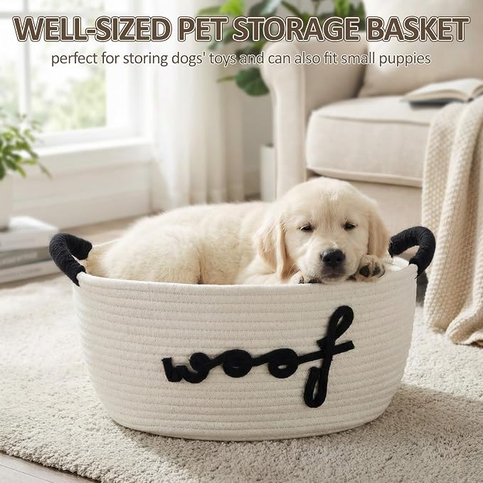 Dog Toy Storage Basket with Handles, 11.8 x 7.5 x 6.7 Inch Cotton Rope Dog Toy Storage Bin Woven Pet Organizer Shelf Basket for Pet Chew Toys, Foods