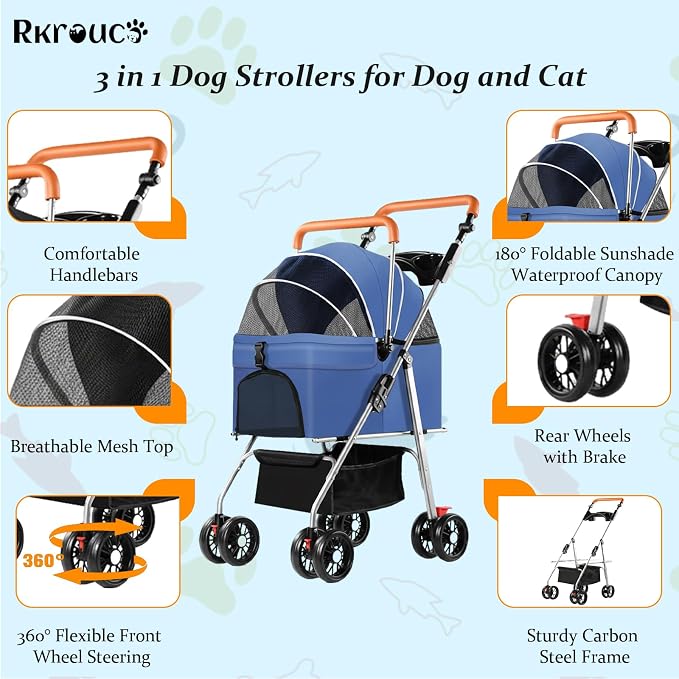 3 in 1 Pet Stroller for Dogs Cats Foldable Jogger with Detachable Carrier