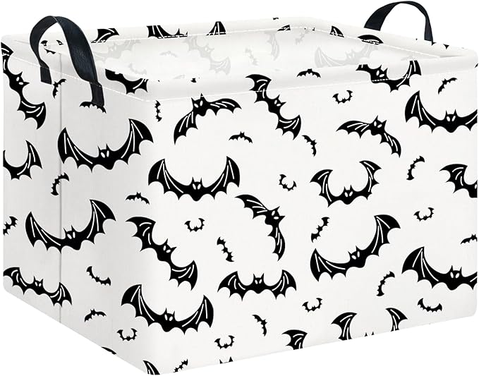 CLOCOR Rectangular Gift Basket Empty for Halloween, Waterproof Storage Basket with Handles, Books Box, Room Decor(Black Bat)