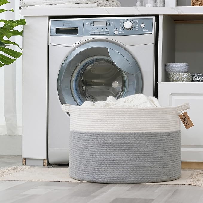 COMFY-HOMI XXXL Large Laundry Basket, Cotton Rope Nursery Woven Basket for Storage, Blanket Baskets Living Room Laundry Hamper, Dog Toy Storage Organizer, Home Decor-21''x21''x13.6''-White/Grey