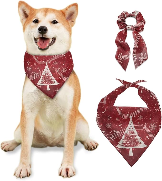 COEQINE Dog and Owner Matching Clothes Christmas Dogs Bandanas Bulk Xmas Tree Red White Music with Hair Tie Bow for Women Dog Pet Lovers Gifts for Birthday Holiday Party Costume