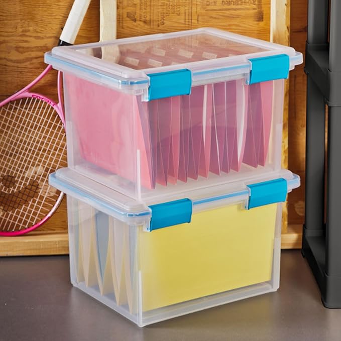 Sterilite Gasket Storage Box with Lids for Home & Office, 32 Quart, 12-Pack | Heavy-Duty, Stackable, and Organizing Containers for Bathroom, Cabinet, Closet, and Garage, Clear and Blue Aquarium Latches