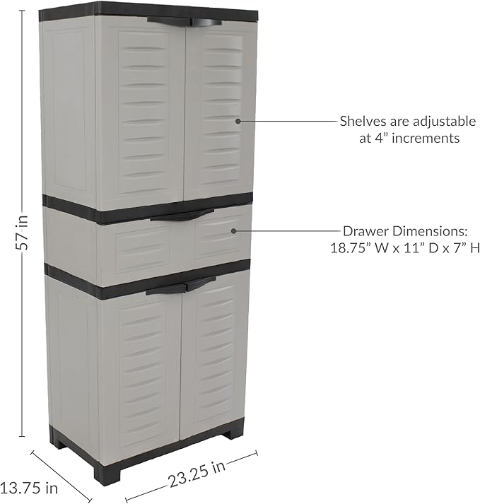 Sunnydaze 57" Garage Storage Cabinet with Doors & Shelves, Gray | Heavy Duty Resin Storage Cabinet Resists Rust & Peeling, Utility Cabinet with Drawer & Anti-Tip Kit for Laundry, Office