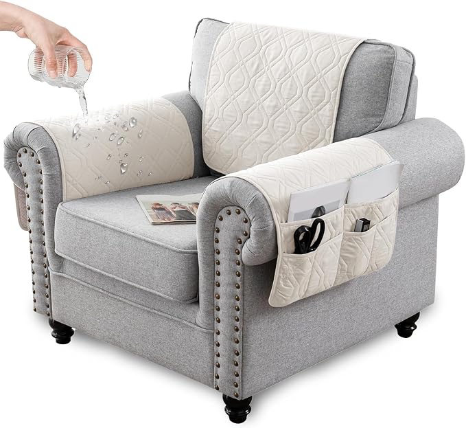 Waterproof Armrest Chair Covers with 6 Side Pocket 1 2 3 Seater Anti-Slip Chair Headrest Cover Armchair Slipcover Washable Protector for Pets Leather Sofa Couch (Ivory White,3 Seater 5PCS)