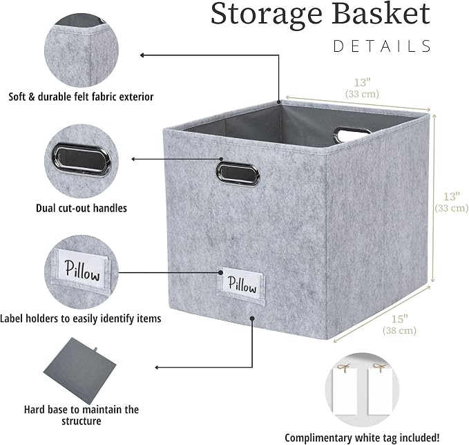 DECOMOMO Felt Storage Bins, 13x15x13 Storage Cube Bins with Labels | 4 Pack Storage Baskets for Shelves, Kallax (Light Grey)