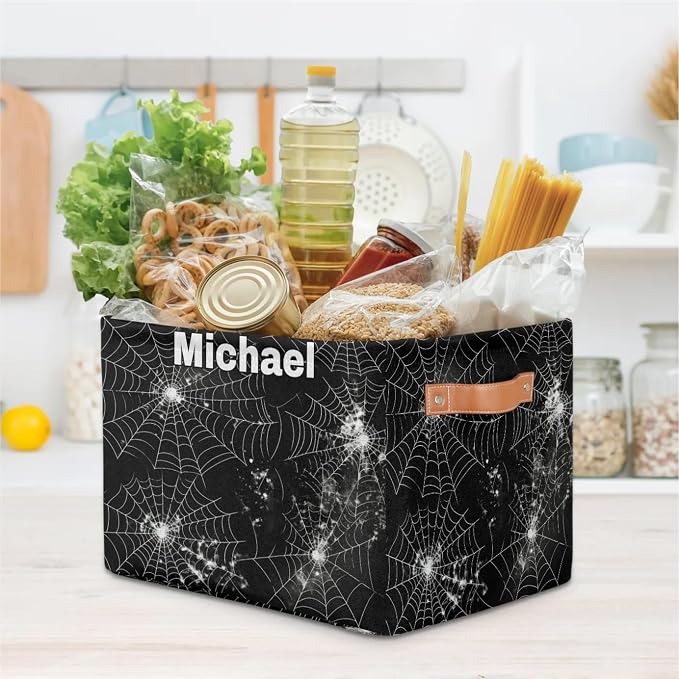 Custom Name Storage Bin, Personalized Rectangular Storage Basket with Handles for Organizing Boys Girls Toys Office Closet Shelf Baskets, Spider Web Black White