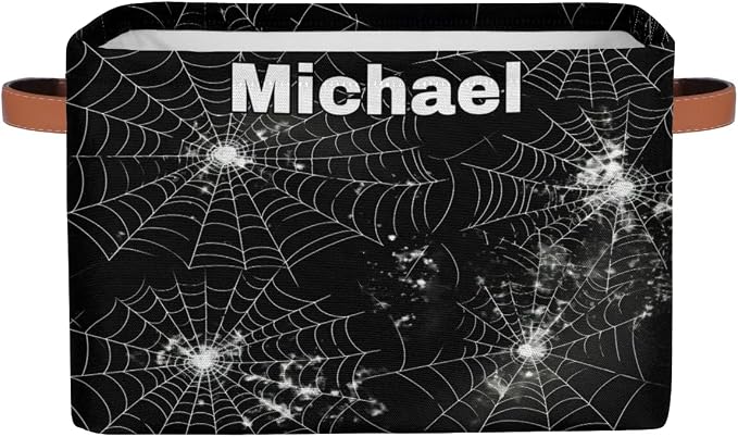 Custom Name Storage Bin, Personalized Rectangular Storage Basket with Handles for Organizing Boys Girls Toys Office Closet Shelf Baskets, Spider Web Black White