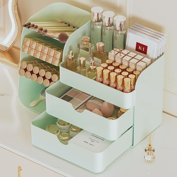 Makeup Organizer for Vanity Skincare Organizers Countertop, All Green | Cosmetic Organizer with Brush Holder and 2 Drawers, Beauty Makeup Storage for Lipsticks, Nail Polishes, Eyeshadow Palettes