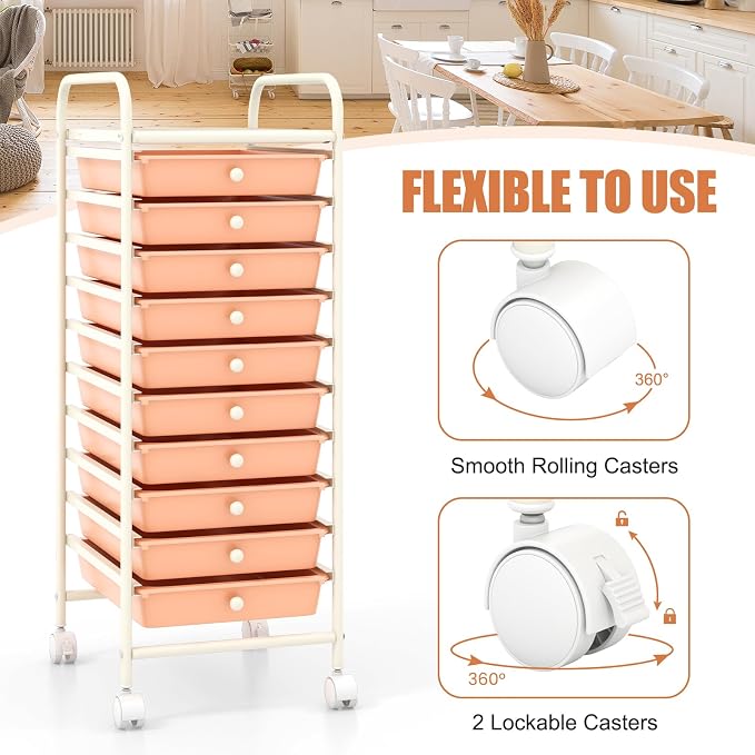 10 Drawer Rolling Storage Cart, Organization Cart on Drawers for Craft Makeup Paper Tool Art Supply, Versatile Utility Cart on Wheels for Home Office Classroom School (Peach)