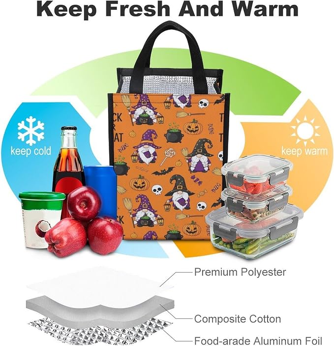 Reusable Insulated Lunch Bag Portable Thermal Lunch Box Compatible with Halloween Funny Witches Gnome Cute Cartoon Picnic Cooler Organizer Totes Food Containers Bag