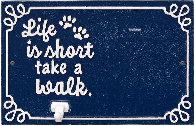 Whitehall Pet Photo Plaque Leash Hook - Cast Aluminum Life is Short Take a Walk Keepsake Animal Paw Print Wall Sign and Leash Holder with Picture Clip - Blue/White