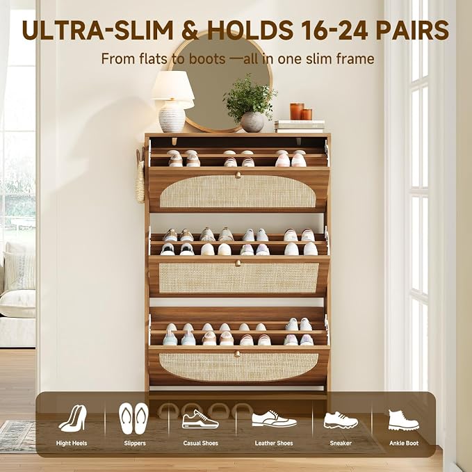 Shoe Storage Cabinet for Entryway, Slim Arched Rattan Accent Shoe Cabinet with 3 Flip Drawers & 3-Tier Adjustable Shelves, Modern Boho Shoe Storage Cabinet, Narrow Shoe Rack for Small Spaces