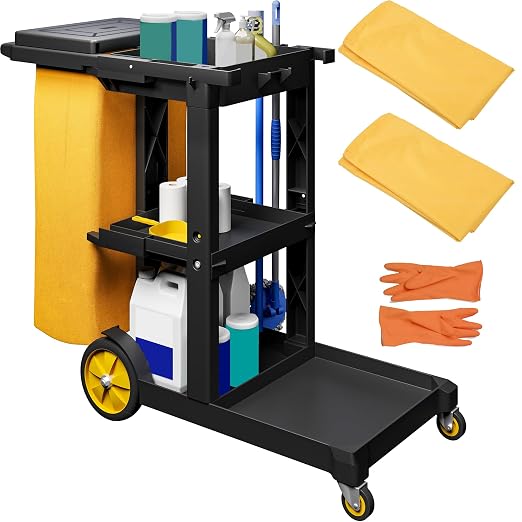YITAHOME 3-Shelf Cleaning Carts on Wheels, Black Janitorial Cart | 3-Shelf Commercial Traditional Plastic Housekeeping Cart, with 2 Yellow 25 Gallon Vinyl Bag and Pair of Rubber Gloves