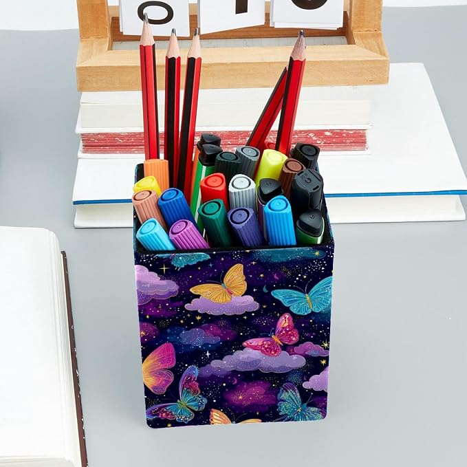 Butterfly Pen Holder for Desk Decor, Rectangular PVC Leather Pencil Cup for Desk Pen Organizer, Makeup Brush Holder for School, Home, Office