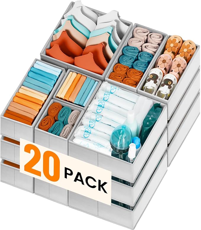 Criusia 20 Pack Drawer Organizer Clothes with 6 Pack Large Clear Plastic Drawer Organizer Trays