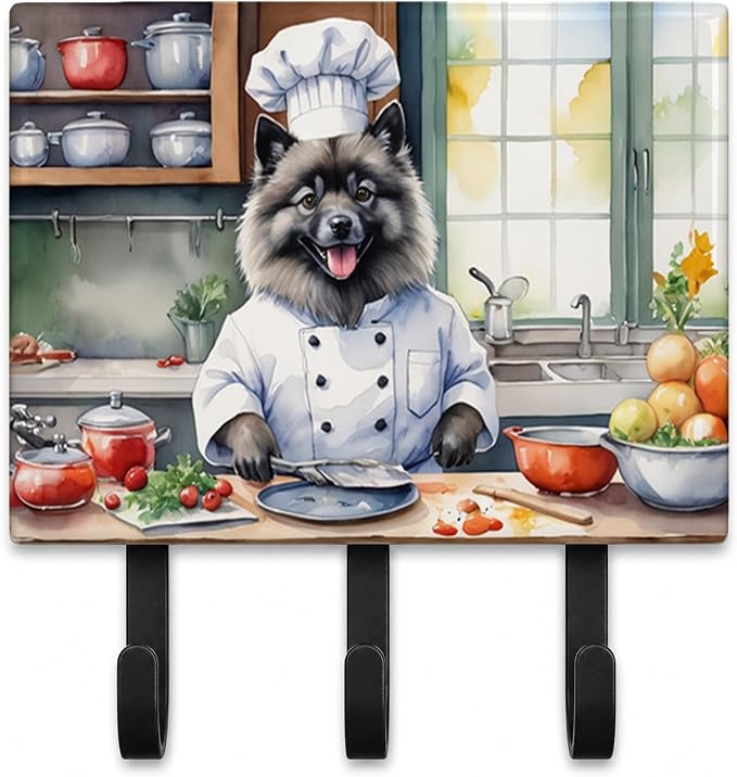 Caroline's Treasures Keeshond The Chef Leash or Key Holder Wall Hooks, Key Hooks Holder, Coat Rack Wall Mount, Coat Hooks, Hooks for Hanging Keys, Towels, Aprons, Leashes | Keeshond The Chef artwork on ceramic tile with three steel hooks for keys, leas...