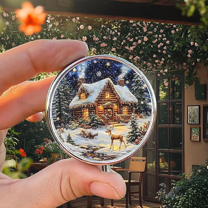 Portable Round 3 Compartment Metal Pill Box Beautiful Snow-Covered Log Cabin Surrounded by Evergreens for Travel Storage Home Organization Outdoor Adventures