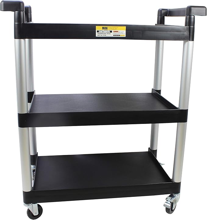 MaxWorks 80774 3-Shelf Utility Plastic Cart with Wheels-225 Lbs Maximum Capacity , Black