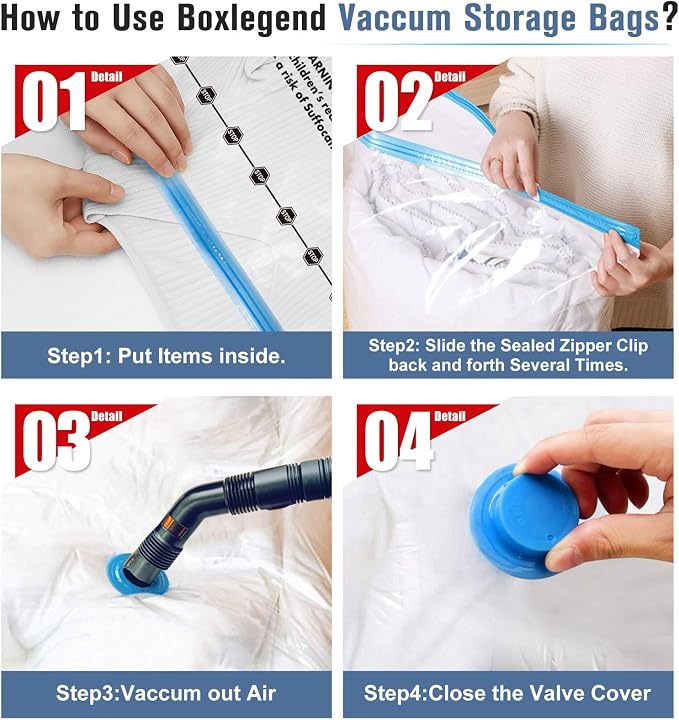 BoxLegend Vacuum Bag 6 Pieces, 3L*80x60cm +3S*60x40cm,Vacuum Storage Bag Travel Vacuum Reusable Garment Bag for Clothing Duvets Bed Wash Pillow Wool Blankets
