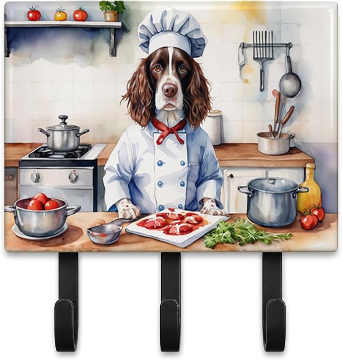 Caroline's Treasures English Springer Spaniel The Chef Leash or Key Holder Wall Hooks, Key Hooks Holder, Coat Rack Wall Mount, Coat Hooks, Hooks for Hanging Keys, Towels, Aprons, Leashes | English Springer Spaniel The Chef artwork on ceramic tile with ...