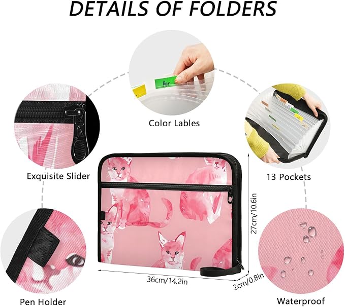 Expanding File Folder Cat Pink Pet Accordion File Organizer 13 Pockets Document Organizer with Zipper Labels A4 Letter Office Storage