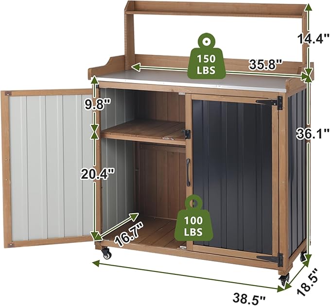 Ketive Rolling Potting Bench with Storage and Galvanized Metal Top | Fir wood components, enclosed cabinet, 2-position shelf, and 4 swivel casters for patio and backyard gardening