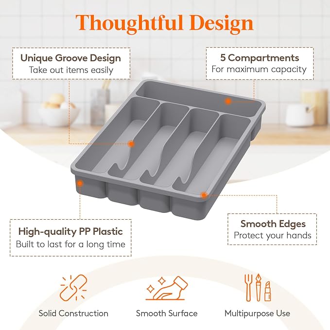 Lifewit Silverware Organizer with Lid, Covered Utensil Tray, 9.5x12.7 | Plastic Cutlery Storage Box for Kitchen Drawer and Countertop, Flatware Case Holder for Spoons Forks Knives, Gray